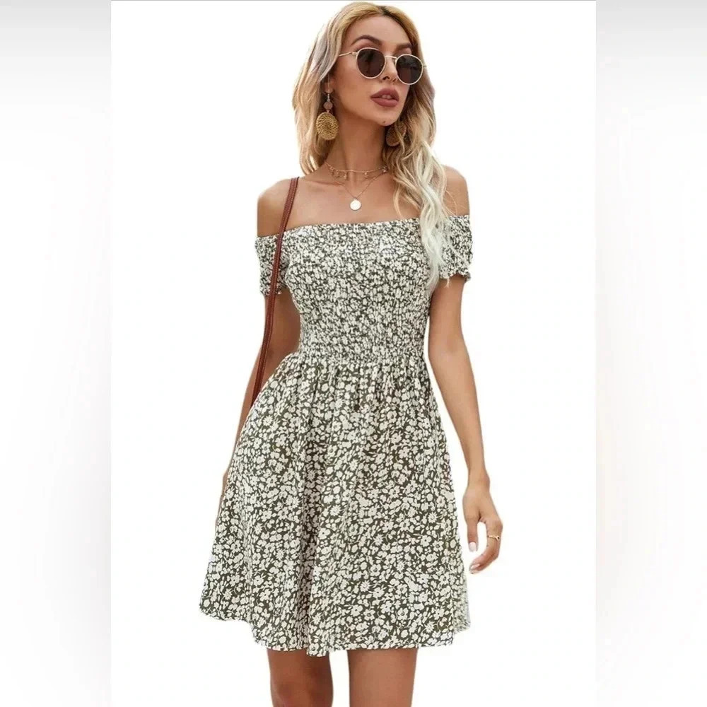 Romwe Women's Floral Print Off Shoulder Trumpet Sleeve Dress Sz S